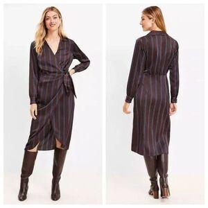 LOFT Satin Midi Wrap Dress Women's Medium Brown Blue‎ Striped V-Neck Cocktail